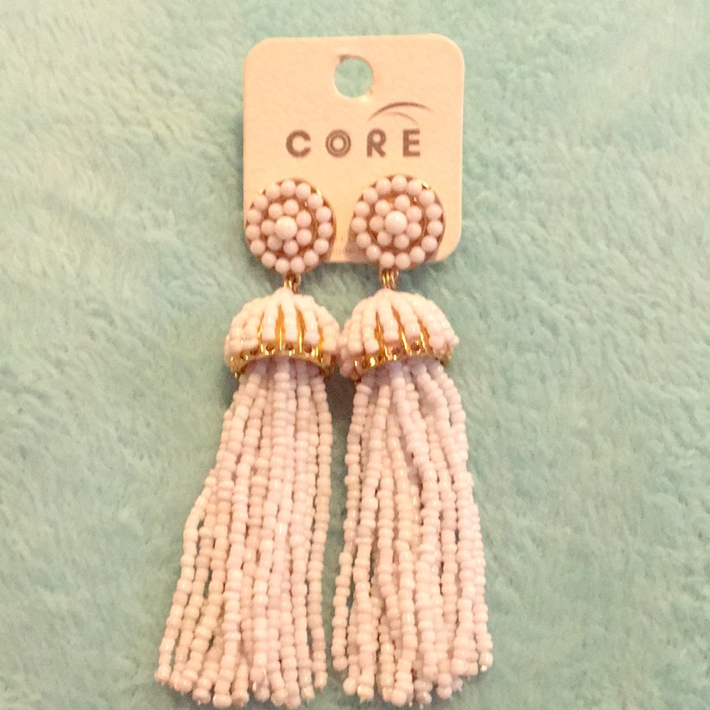 White Beaded Tassel Earrings